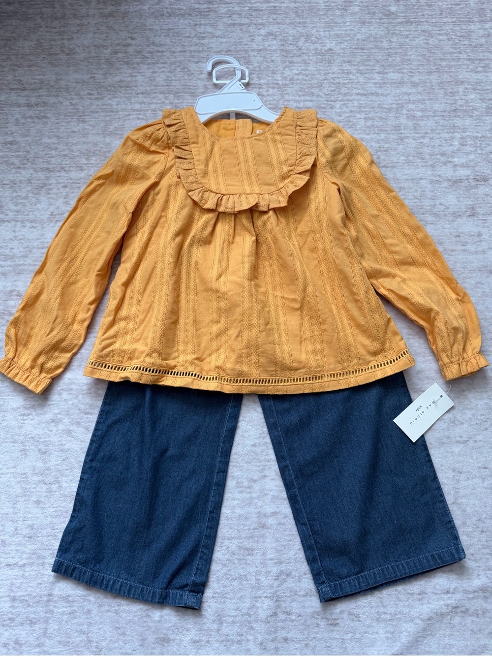 Girls 2-Piece Outfit Set Mustard Ruffle Top & Wide Leg Denim Pants Size 5/6